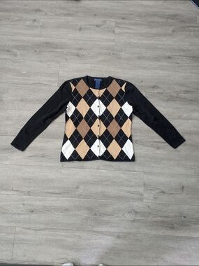 Karen Scott Argyle Crewneck Cardigan Sweater - Black/Tan/White